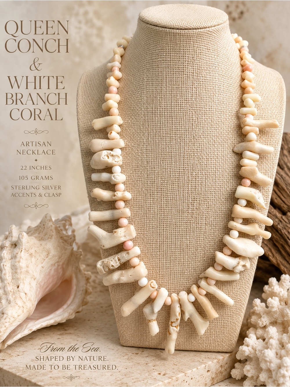 AAA Queen Conch White Branch Coral Sterling Silver Necklace 22” Artisan Boho Lux